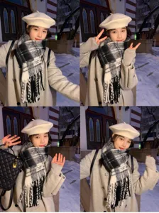 Black and white plaid winter scarf for women, cozy soft warm tassel muffler shawl for cold weather.
