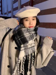 Plush plaid scarf for women winter warm soft casual fashion student neck warmer accessory.