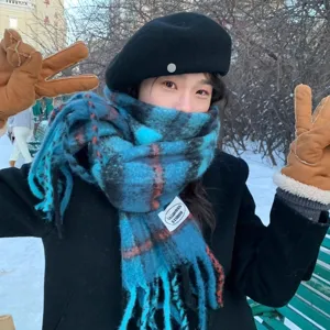 Blue plaid winter scarf for women, thick warm mohair cozy Korean style fashion item.