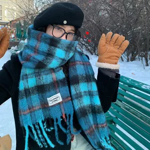 Women Winter Warm Plaid Scarf Faux Cashmere Thickened Tassel Long Scarf Casual Fashion Outdoor Daily Neck Warmer