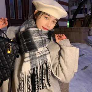 Black white plaid winter warm thick mohair scarf stylish cozy student casual wear