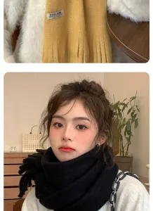Winter warm knitted tassel scarf for women, cozy solid color Korean fashion winter neck warmer.