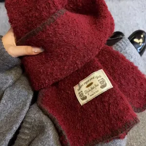 Dark red plush winter scarf cozy fuzzy neck warmer warm knitted shawl fashion accessory