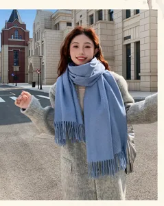 Solid fog blue winter scarf for women, cozy thick warm tassel design stylish neckerchief.