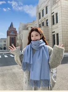 Cozy haze blue winter scarf for women, thick warm soft shawl with tassels, elegant chilly weather style.