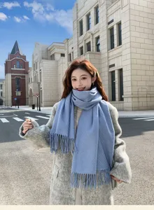 Solid color fog blue winter warm scarf for women, cozy tassel design stylish neck warmer.