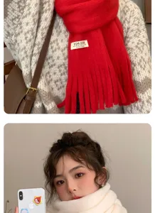 Winter warm fringed scarf for women, soft knitted solid color long scarf with woven label design.