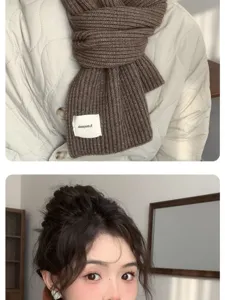 Bufanda de punto marrón para mujer, calentador de cuello de invierno con etiqueta.