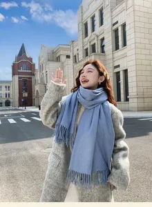 Fog blue winter scarf for women, thickened warm cashmere feel knit shawl, stylish daily wear detail.