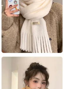 Women's winter warm knitted fringe scarf, solid color soft cozy daily wear winter accessory.