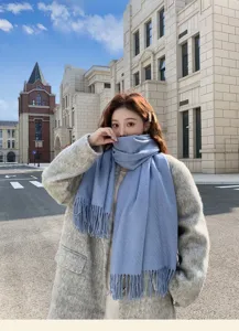 Solid color winter warm women scarf, thick cozy knitted shawl with fringe for cold weather.