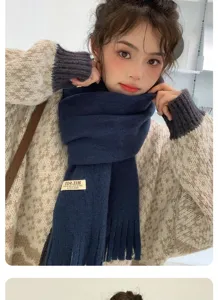 Korean style winter knitted tassel scarf for women, solid dark blue warm cozy neck warmer cute.