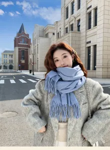 Solid color fog blue winter scarf for women, cozy thickened warm knitted shawl and neckerchief.