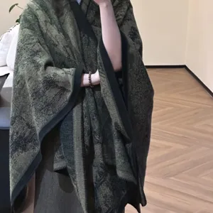 Mujer Otono Invierno Verde Estampado Chal Capa Retro viaje elegante ropa abrigada