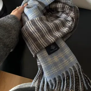 Écharpe d'hiver à carreaux bleu et marron pour femme, grand foulard chaud réversible.