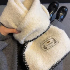 White knitted winter scarf with black edge design, soft fleece fluffy fabric for women.