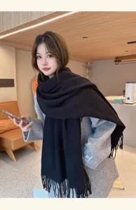 Winter solid color scarf women thickened warm fashion fringe shawl casual daily wear neck warmer