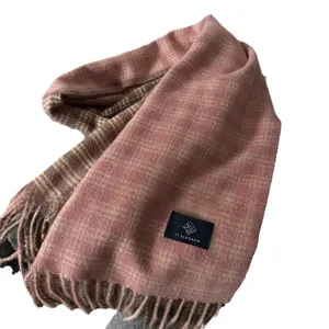 Écharpe d'hiver à carreaux rose et marron avec franges, tour de cou chaud double face.
