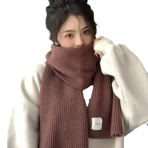 Bufanda de punto marrón para mujer en invierno, calentador de cuello de lana liso, estilo casual.