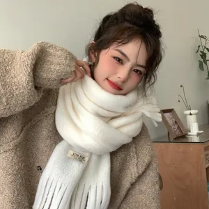 Women winter warm knitted tassel scarf solid color cozy stylish neck wrap for daily wear