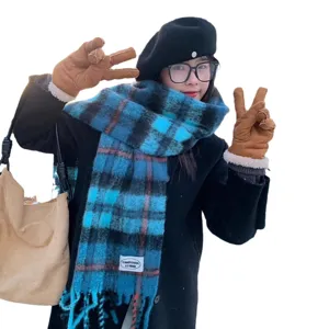 Winter blue plaid warm thick cozy tassel scarf fashion women accessory elegant daily wear new style