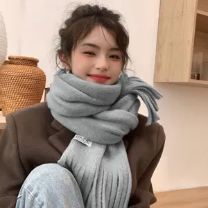 Cozy grey knitted winter scarf for women with elegant tassels and warm stylish design.
