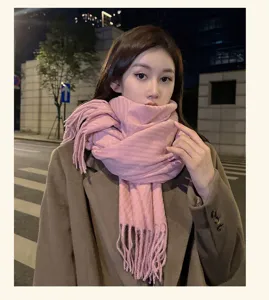 Cozy pink winter scarf with fringe, thick and warm fashion neck wrap for women daily.