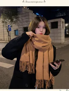 Winter thickened warm solid color tassel scarf detail view outdoor street fashion wear