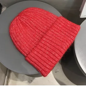 Red winter knitted beanie hat for women soft warm woolen cap cozy solid color stylish apparel