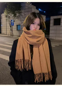 Cozy winter scarf close-up, thick warm knit texture with stylish fringe, street style detail.