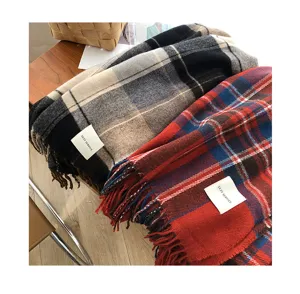 Detailed close-up view of the Korean style retro plaid winter scarf with tassel edge design.