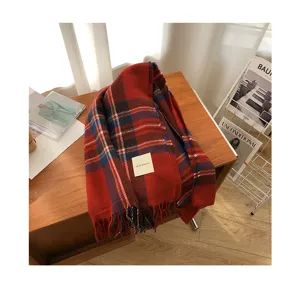 Cozy retro red plaid winter scarf with classic fringe tassels for women stylish daily wear