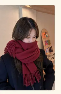 Thick winter warm knitted scarf for women with fringe soft cozy solid color neckerchief