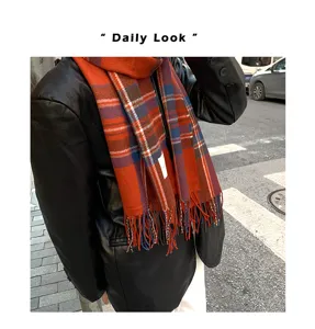 Classic plaid tassel scarf for women, cozy winter retro warm neck wrap, daily fashion accessory.