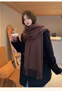 Thick knitted winter scarf with fringe, solid color cozy warm neck wrap for women daily wear.