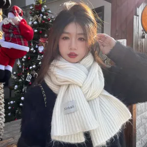 Cozy white knitted winter scarf for women and men, soft warm plush thermal neck warmer.