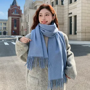 Winter Thickened Warm Wool Scarf For Women Solid Color Tassel Long Scarves Versatile Casual Fashion Neck Warmer Shawl