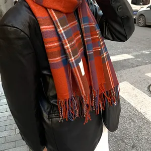Cozy retro plaid fringe scarf for women, classic winter warm tartan winter scarf style.