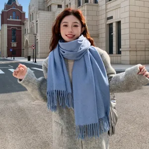 Solid color fog blue winter scarf for women, thickened warm Korean style tassel shawl and wrap.