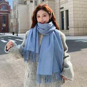 Solid color haze blue winter scarf for women, cozy knit thick warm shawl with tassels