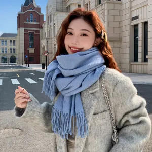 Winter solid color fog blue thick warm fringed scarf for women, trendy and cozy streetwear.