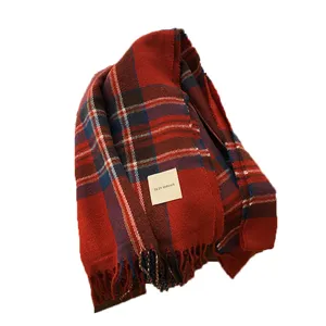 Cozy red plaid tassel winter scarf, retro Korean style cozy women fashion accessory.