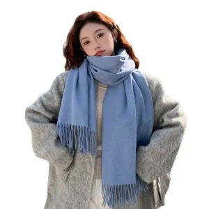 Solid color fog blue winter scarf for women, thick warm knitted tassel shawl and neck warmer.