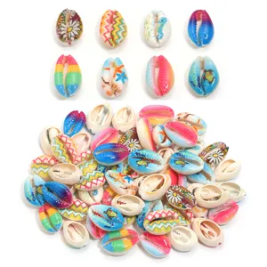 Colorful printed natural cowrie shell beads for DIY jewelry making, bracelets and anklets.
