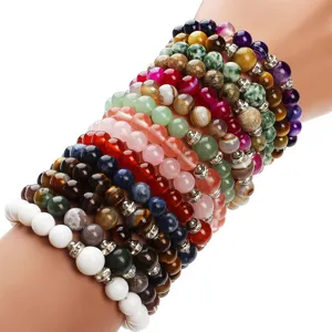 Multi-layer natural gemstone bead bracelets stacked set with alloy spacer beads for women