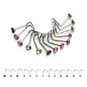 Stainless steel L-shaped nose studs set with colorful crystal rhinestones for body piercing fashion.