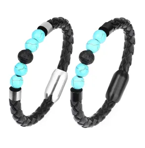 Detailed view of braided leather bracelet with turquoise and lava beads and magnetic clasp.
