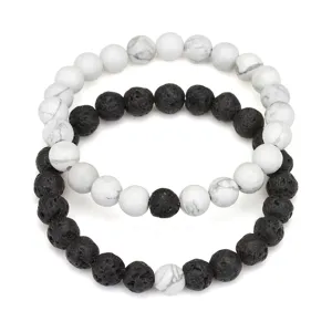 Natural stone beaded bracelets set featuring white turquoise and black lava stones for couple style.