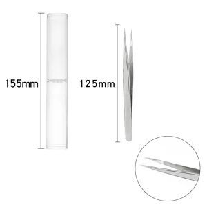Pinza de precisión de acero inoxidable con estuche transparente para joyería artesanal.
