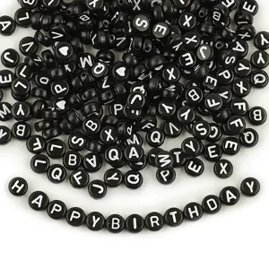 Black acrylic round alphabet letter beads bulk for DIY bracelets and jewelry making.